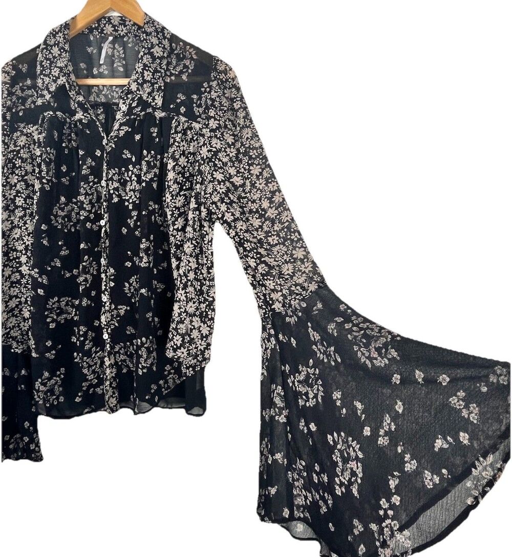 Free People Floral Sheer Bell Sleeve Button Front Boho Blouse Black Medium - Picture 6 of 11